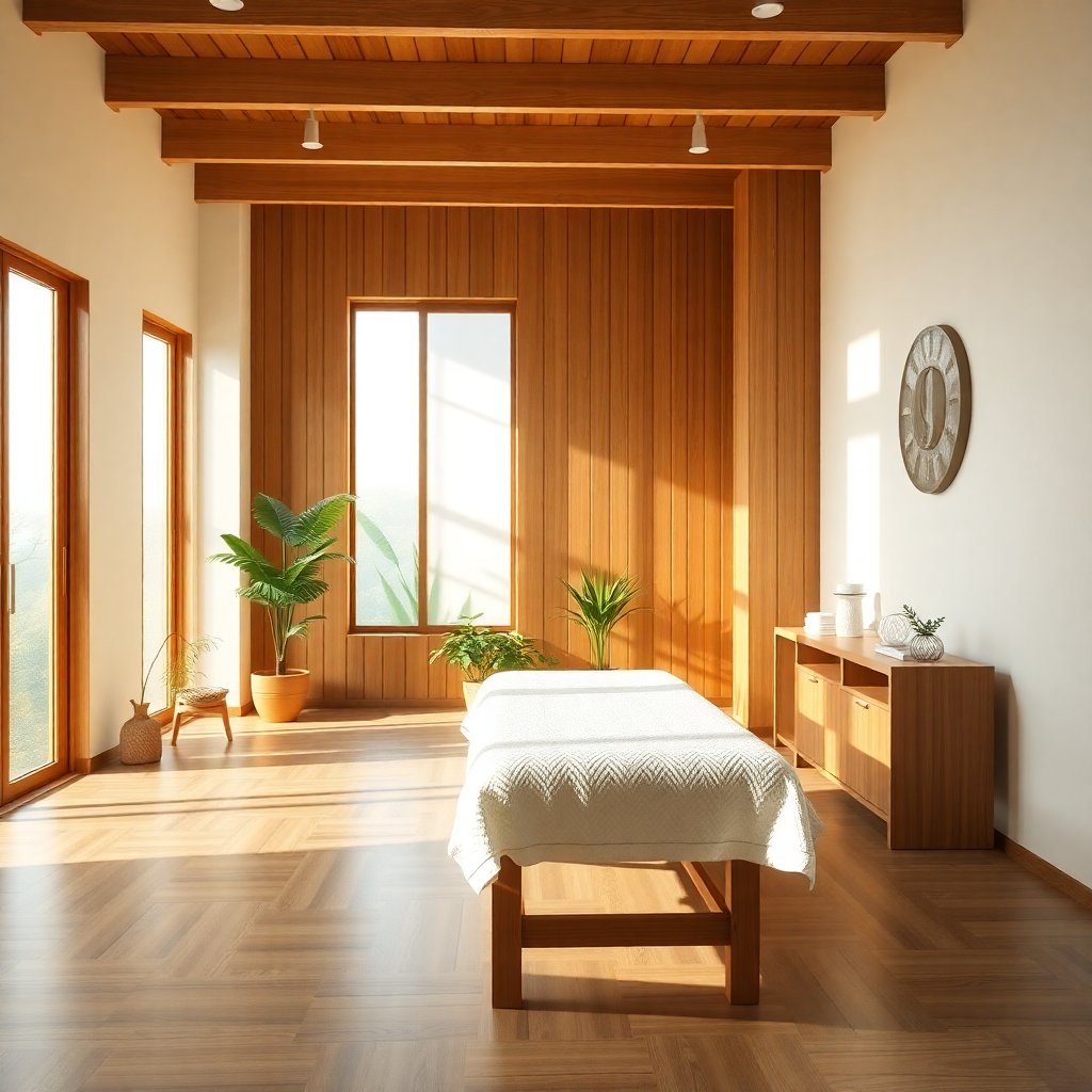 Professional physiotherapy studio interior, bright warm natural light, wooden elements, minimalist aesthetic, massage table in the background, green plants, 8k resolution, photorealistic, calm atmosphere.