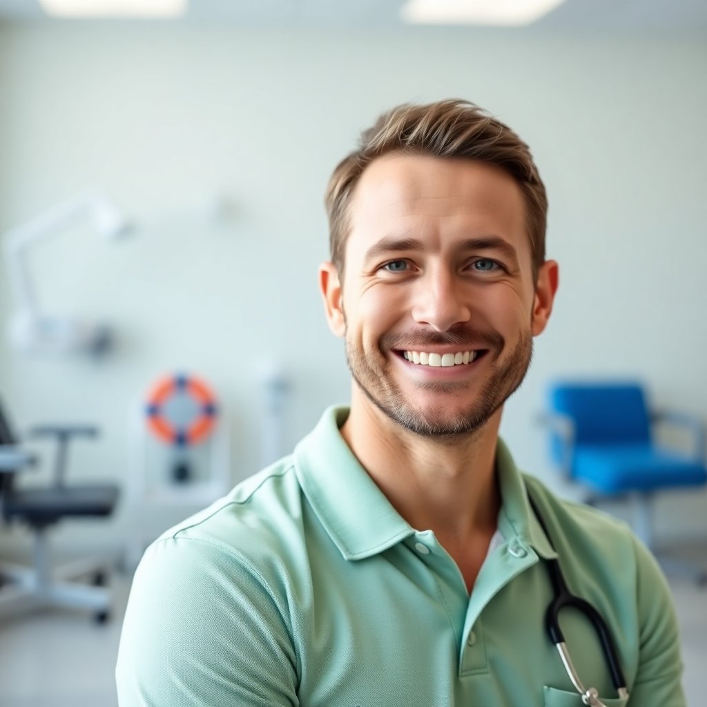 Portrait of a friendly professional male physiotherapist in a clean light green medical polo shirt, smiling, blurred clinic background with rehabilitation equipment, soft natural lighting, trustworthy and professional look, high detail.