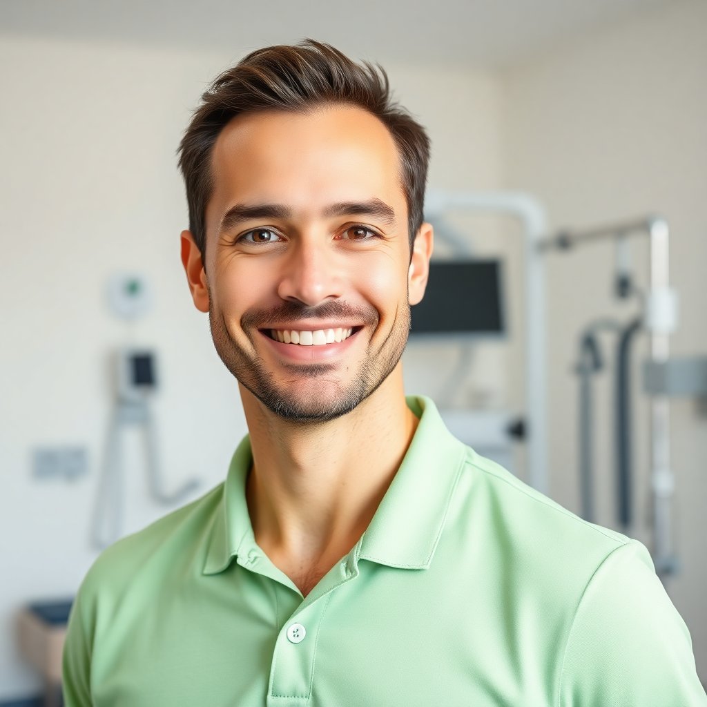 Portrait of a friendly professional male physiotherapist in a clean light green medical polo shirt, smiling, blurred clinic background with rehabilitation equipment, soft natural lighting, trustworthy and professional look, high detail.